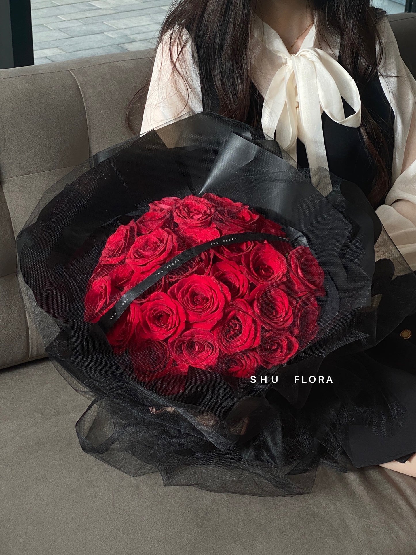 Classic Red Roses Bouquet with Chiffon